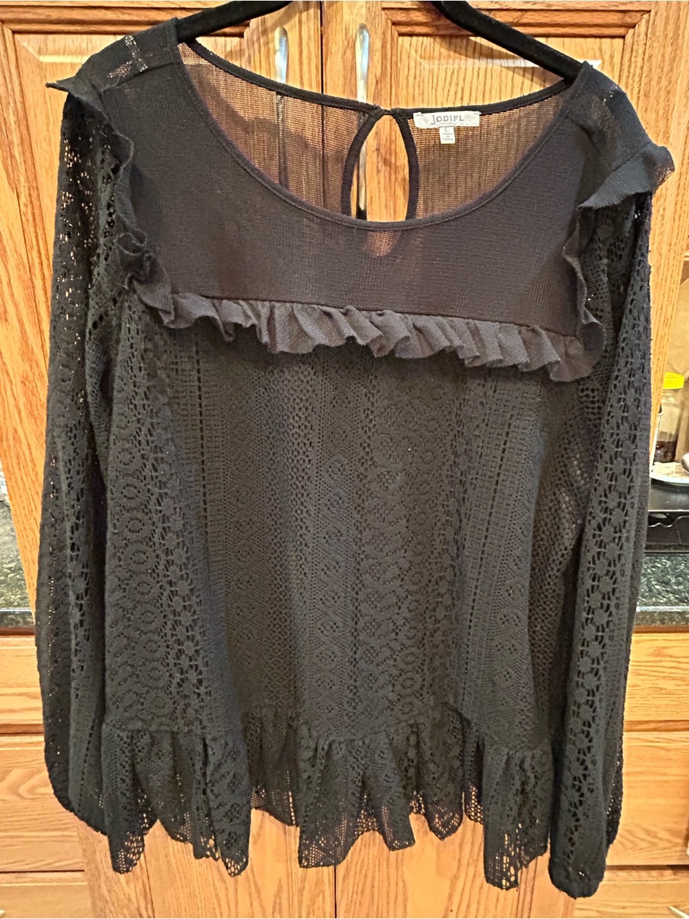 JODIFL Black Lace Ruffle Long-Sleeve Blouse